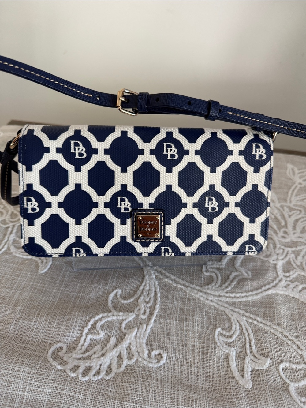 Dooney & Bourke Sanibel Becca Canvas/Leather Navy and White Signature Crossbody